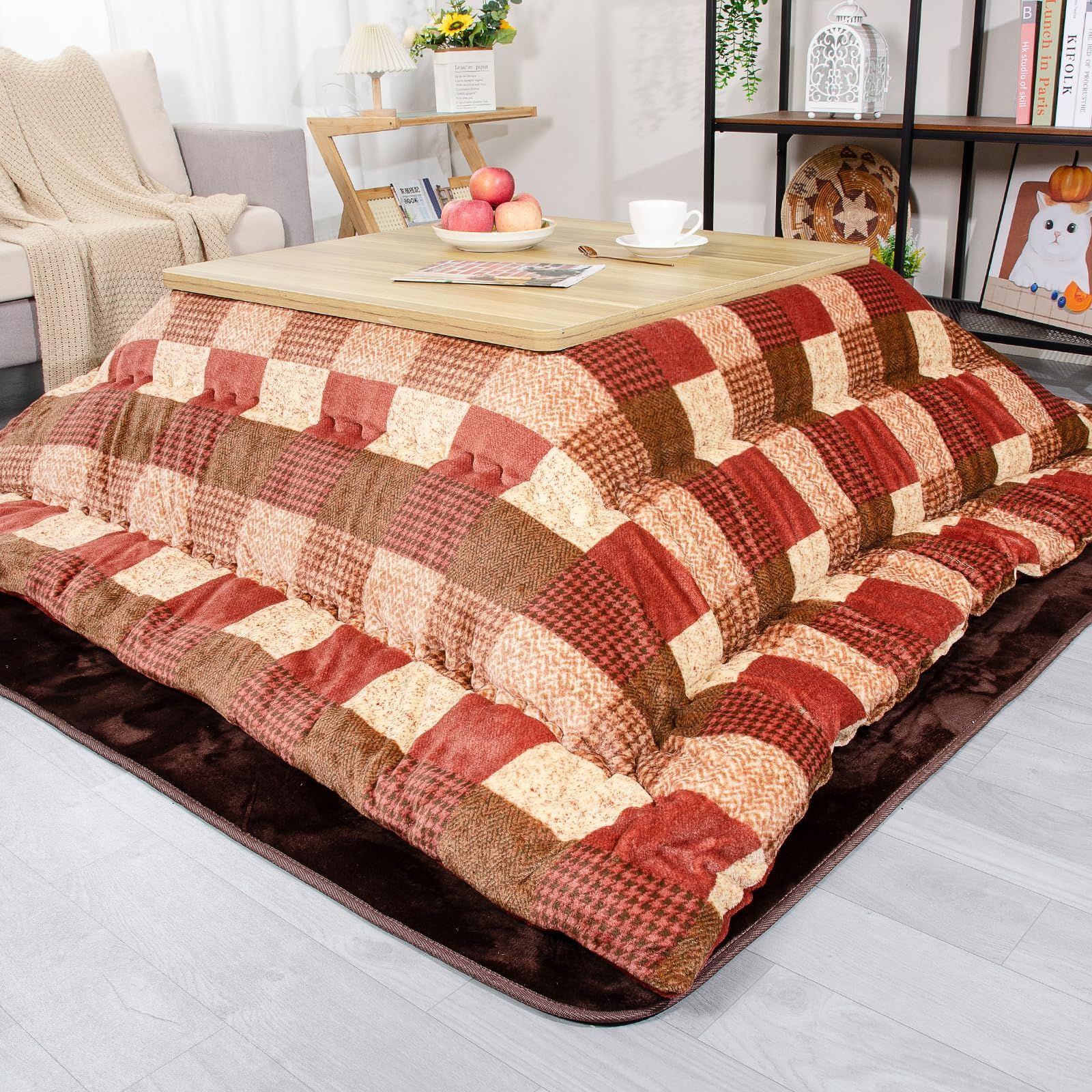 正方形こたつ布団：約185x235cm_チエック レッド JEMAジェマ こたつ布団 こたつ厚掛け布団 こたつふとん 正方形 掛け布団単品 厚手 リバーシブル 両面使える 吸湿発熱 中空綿 ふわふわ もこもこ