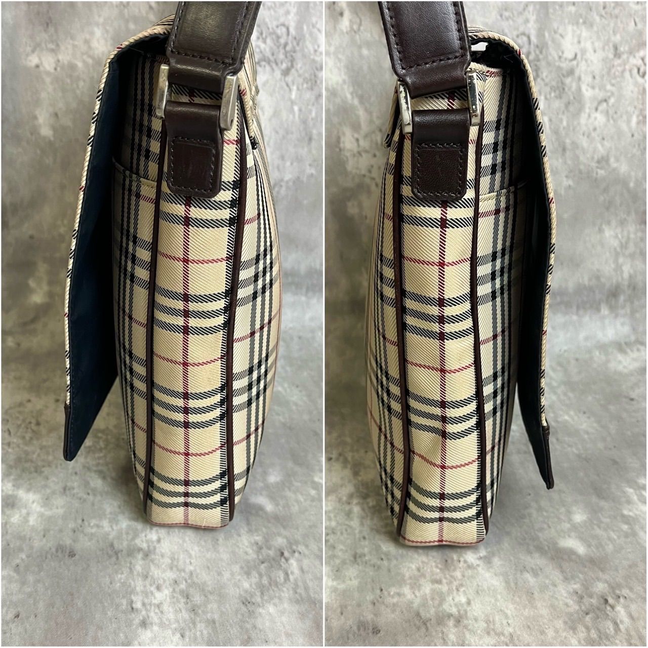 ✨良品✨ BURBERRY バーバリー メッセンジャーバッグ ショルダーバッグ フラップ ノバチェック ロゴ型押し シルバー金具 総柄 ロゴプレート  キャンバス レザー 肩掛け 斜め掛け ユニセックス レディース メンズ ベージュ 肌色 ブラウン 茶色 - メルカリ