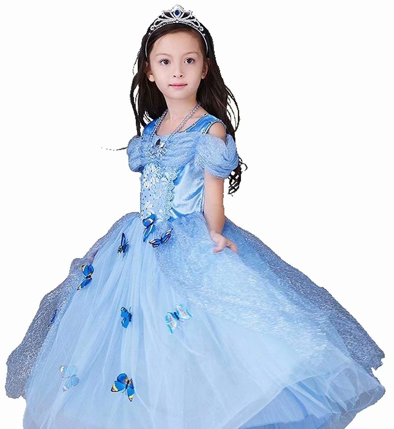 ブルー_140ｃｍ [HelloGO] プリンセスドレス コスプレ シンデレラドレス ロングドレス コスチューム 5点セット 仮装 お姫様 なりきり ワンピース クリスマス プレゼント ギフト イベント パーテ