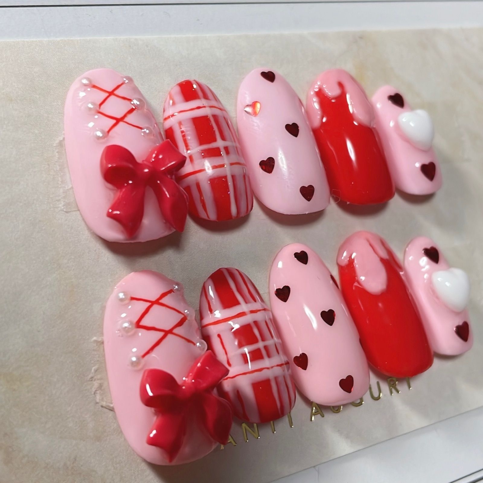 輸入品】ワンポイントリボンレッド 深い ネイルチップ 赤 ハート