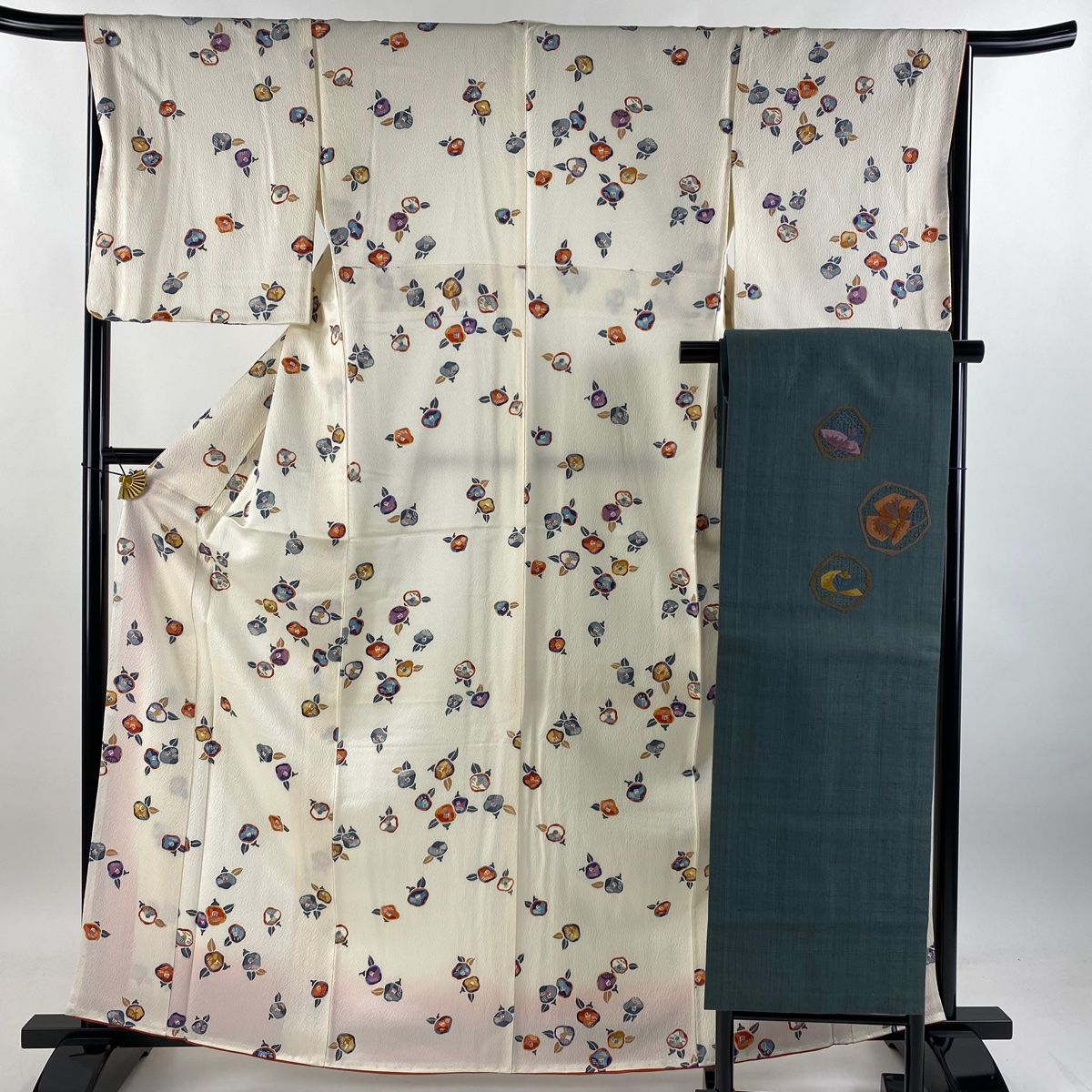 小紋 身丈163cm 裄丈66cm M 袷 名古屋帯セット 椿 クリーム 正絹 秀品