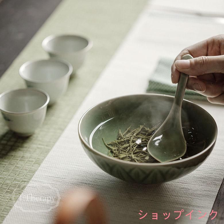 陶器 飯碗 ご飯茶碗 点茶法 碗のお茶淹れ 茶碗＋蓮華 2点 青釉 き