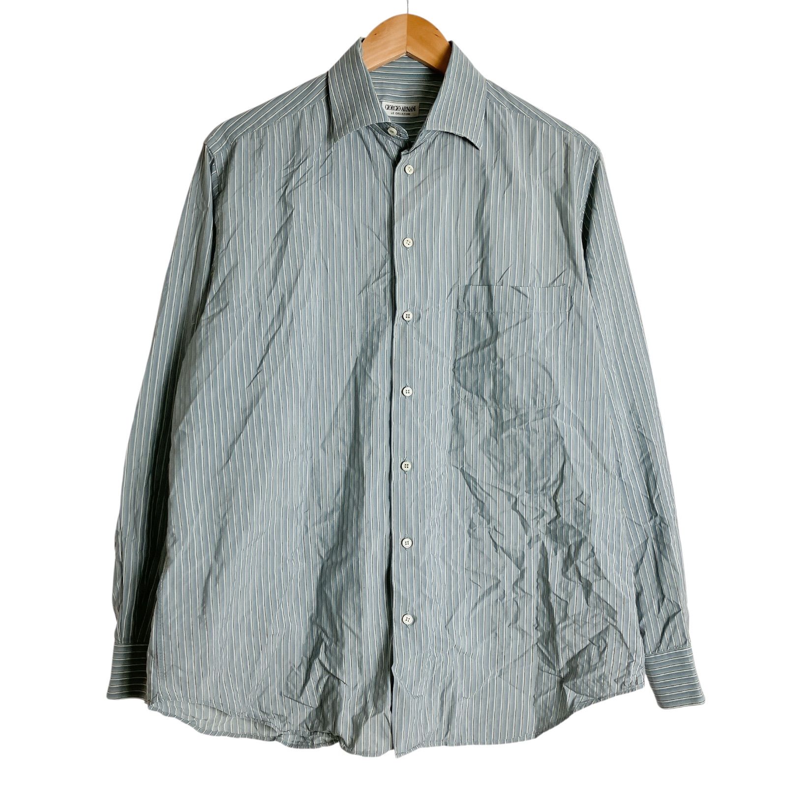 ATK1 GIORGIO ARMANI ジョルジオアルマーニ ストライプシャツ 長袖 水色系 茶線 メンズ トップス 41|16 Lサイズ相当