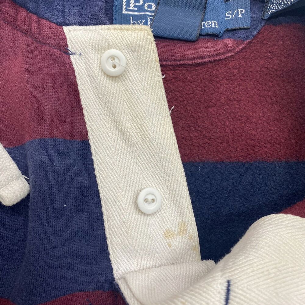 ポロ ラルフローレン Polo by Ralph Lauren プルオーバー スウェットラガーパーカー フーディ 太ボーダー柄 裏起毛 ロゴ 刺繍 サイズ：S ネイビー×エンジ