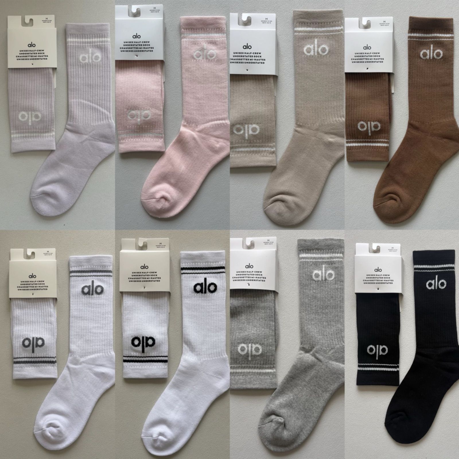 8点 ALO Yoga アローヨガ UNISEX HALF-CREW SOCK ソックス 靴下 双色｜ヨガ運動用｜ニットlogo｜タオルの質感 8足