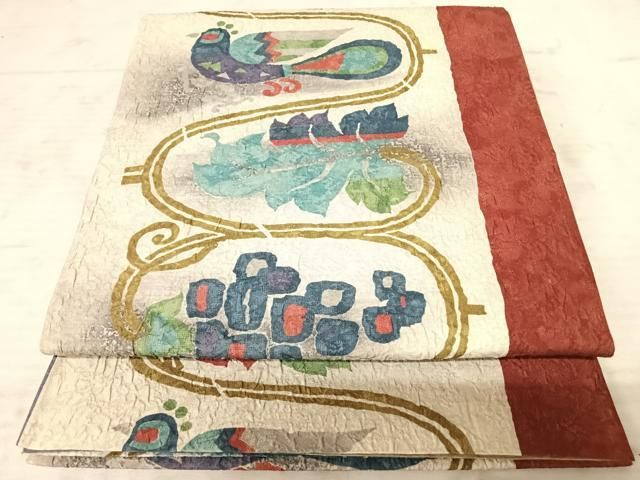 平和屋着物○両面 全通柄袋帯 ふくれ織 葡萄蔦の葉文