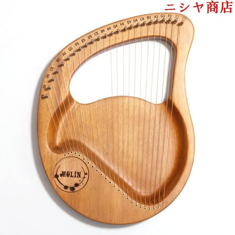 木製 ライアー ハープ 24弦 竪琴、マホガニーウッド 弦楽器 心癒され音色 、ハンドバッグ チューニングレンチ、初心者向け 子供用 成人用 (木の色)