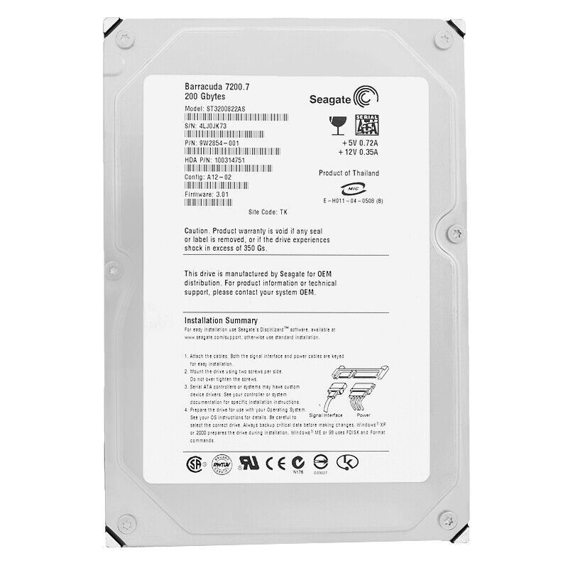 Hard Drive Seagate 200Gb ST3200822AS 8Mb Cache 7200Rpm SATA 3 5 Inch