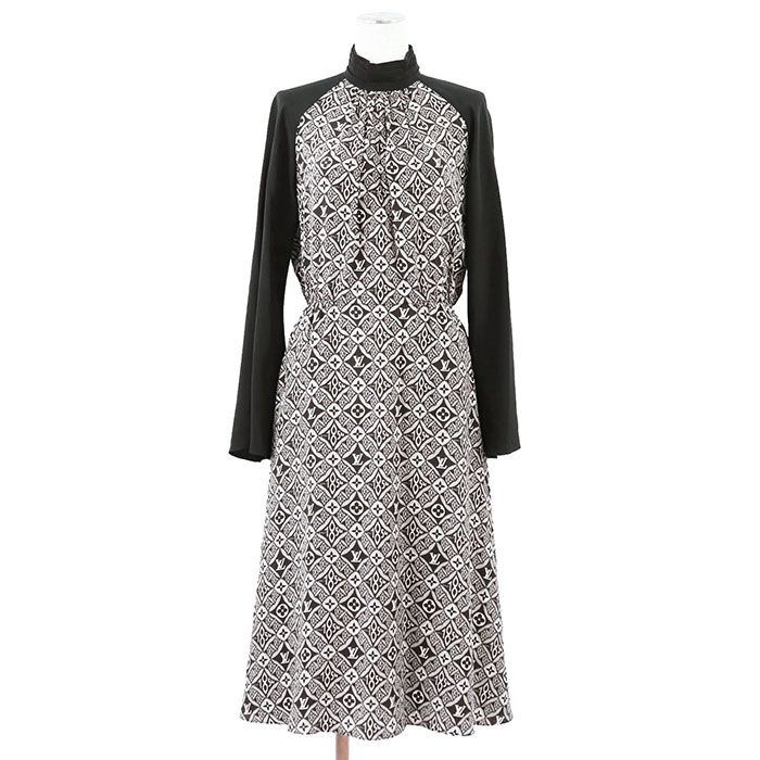 LOUIS VUITTON ルイ ヴィトン ワンピース SINCE 1854 2021SS LV ロゴ モノグラム プリーツ スタンド 切替 長袖 ひざ下丈 ドレス シルク レディース サイズ 38 ブラック オフホワイト 黒 イタリア製