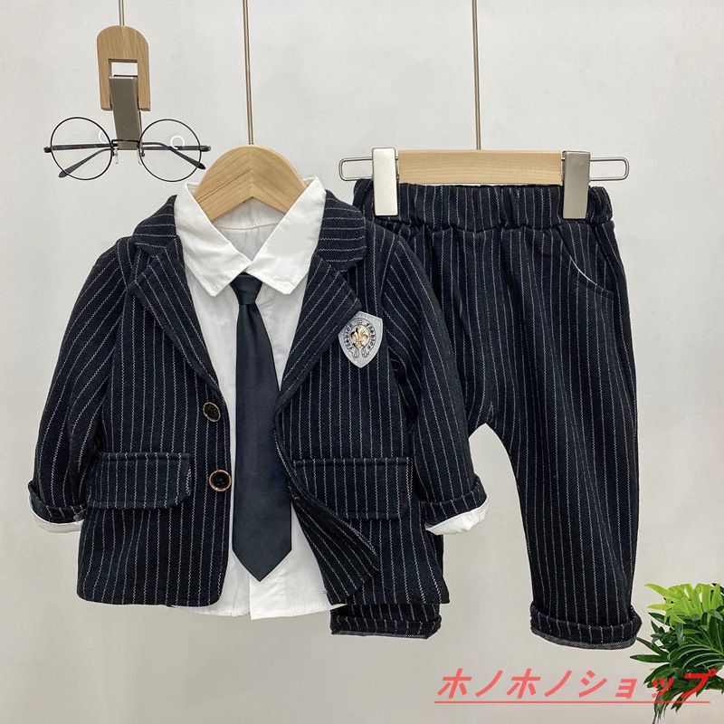 ベビースーツ フォーマル 男児スーツ スーツ 男の子 キッズ フォーマル 子供 スーツ 3点セット 紳士服 男の子 ジャケット＋シャツ+ズボン タキシード ストライプ柄 ゴムウェスト子供服 七五