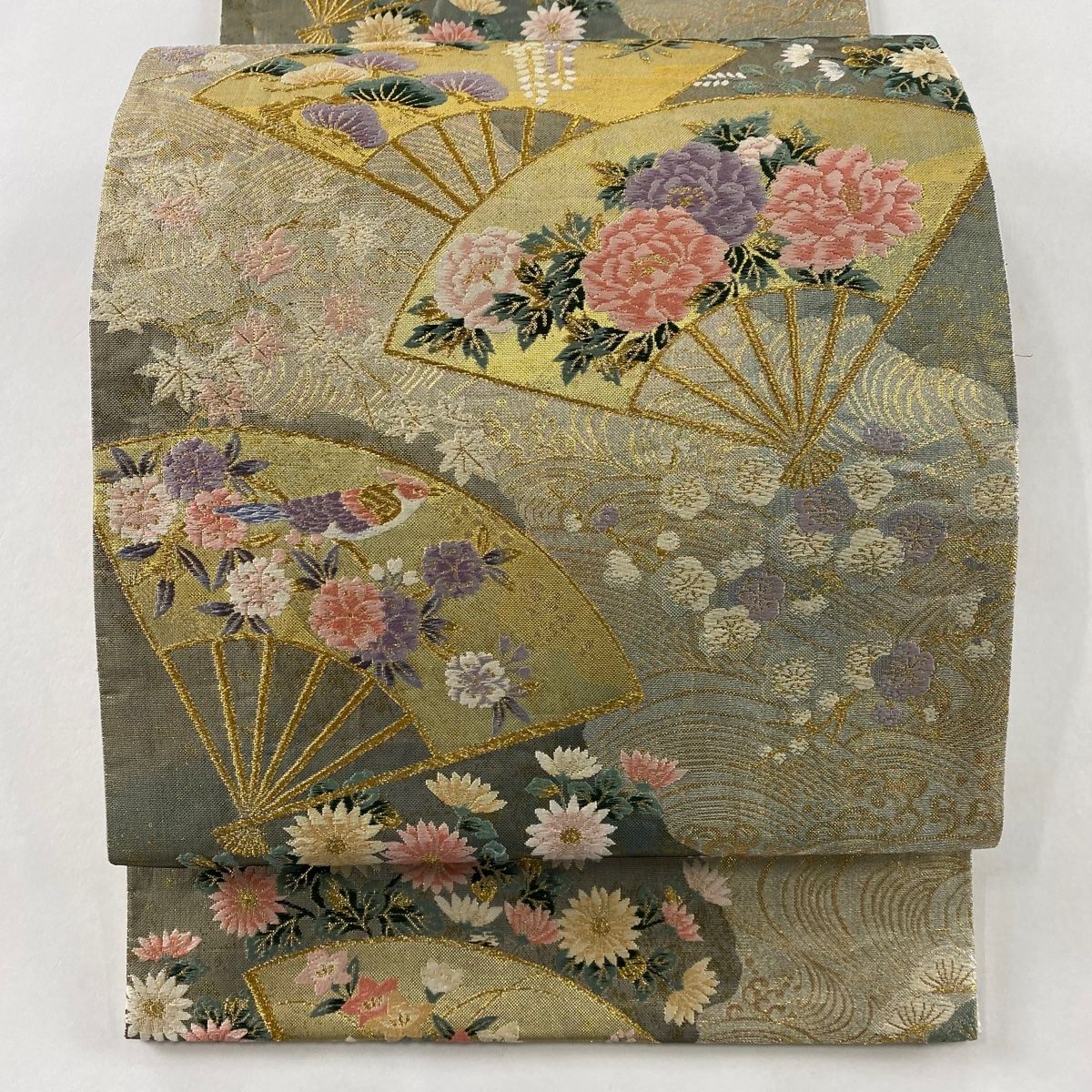 7344円から値引き中 ◇ 着物 名品 袋帯 薄紫 お太鼓柄 花菱 金糸 刺繍 金通し 垣根 正絹 袋帯 逸品 夏帯 絽 シャチ 魚 ぼかし 青紫 お太鼓柄 正絹