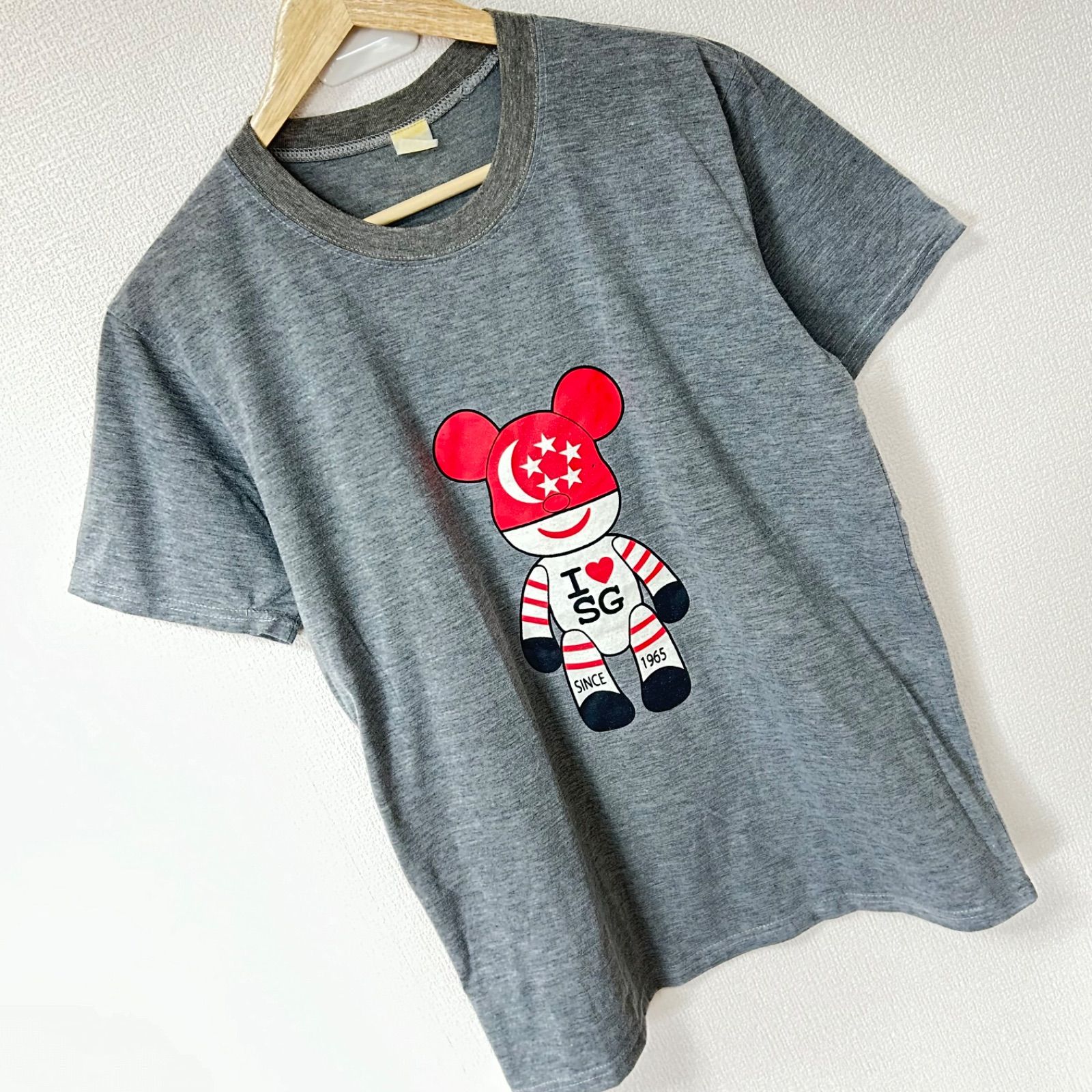 (^w^)b BE@RBRICK ベアブリック クルーネック 半袖Tシャツ I LOVE SG SINCE 1965 シンガポール フロントプリント 古着MIX カジュアル グレー メンズ レディース ユニセックス