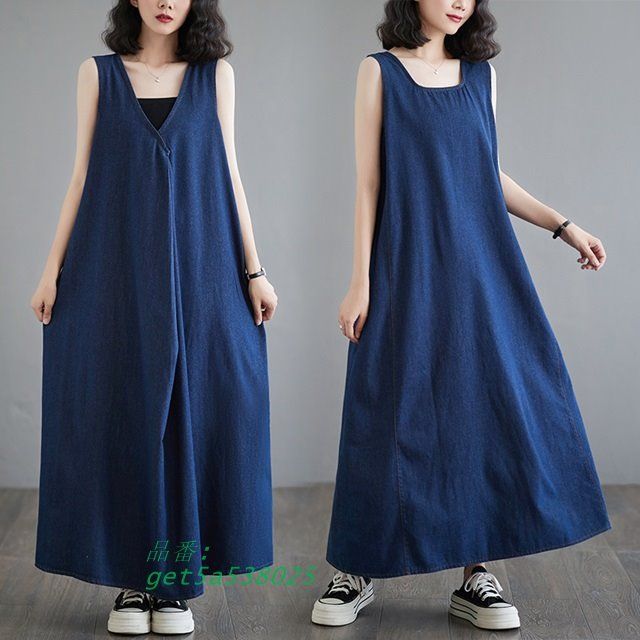 ワンピース ロング ノースリーブ ワンピース マキシ丈 ワンピース デニム調 カジュアル ワンピース 夏 体型カバー 大きいサイズ レディース 前後 春 get5a538025