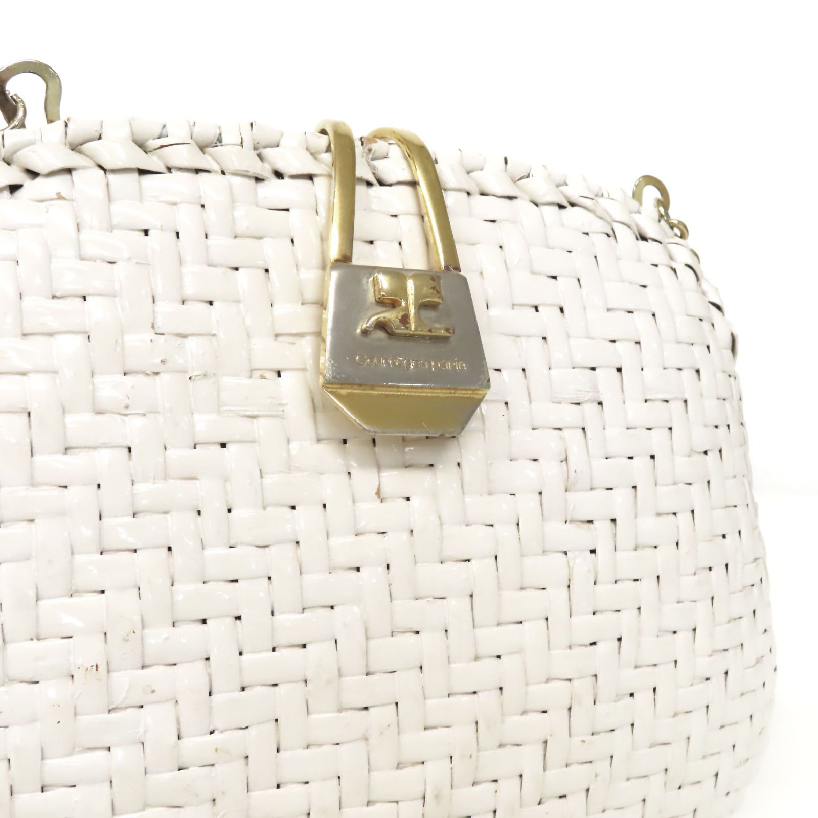 oe25105 美品 Courreges クレージュ ロゴ金具 籐 編み込み
