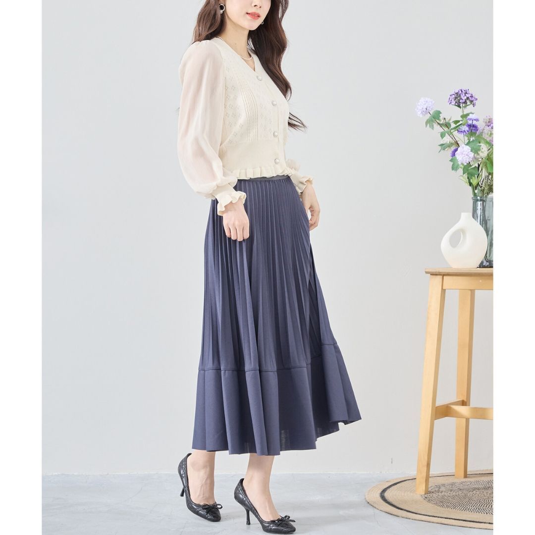 【匿名配送】ロングスカート【美品】 reve bleu]プリーツフレアロングスカート 大人カジュアル