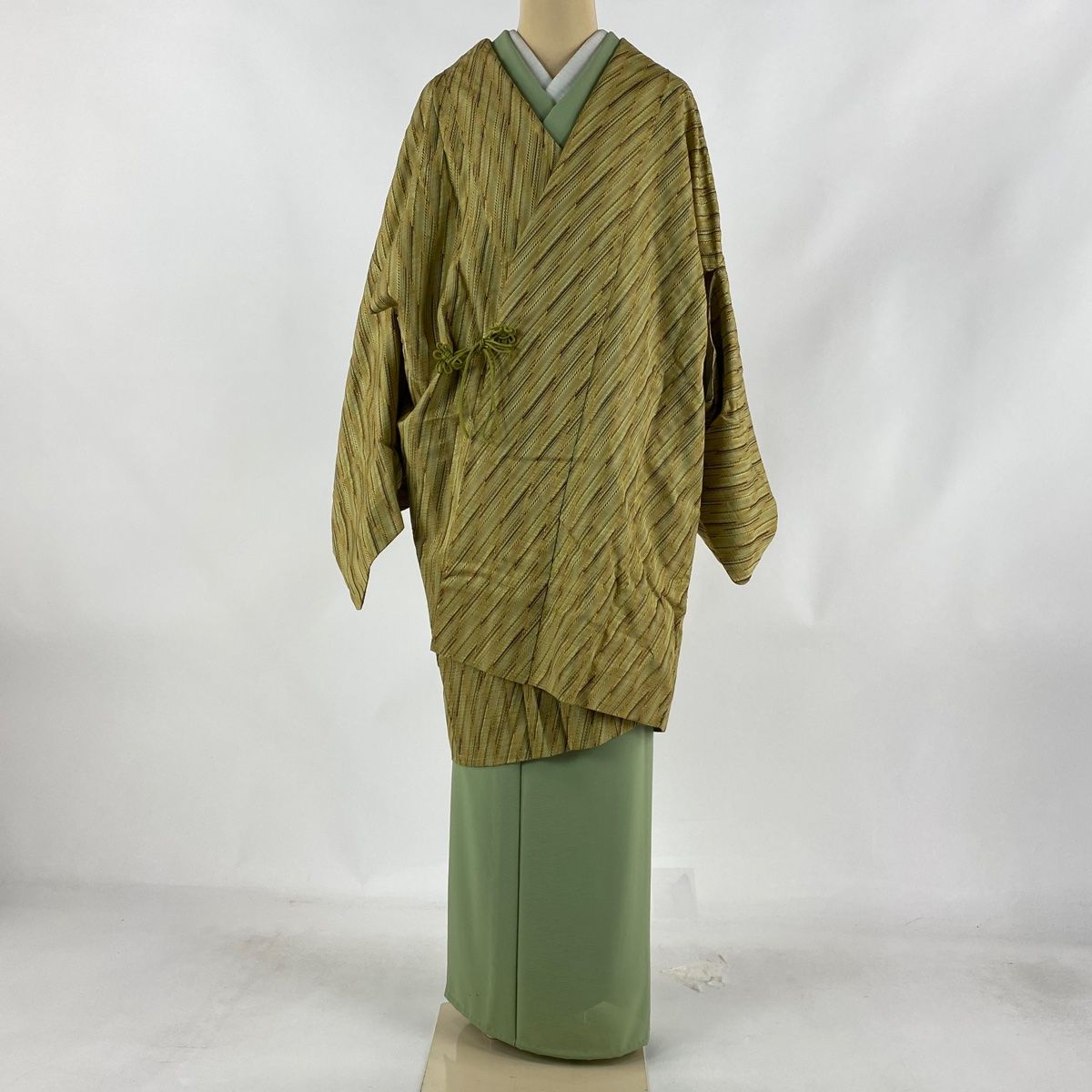 道中着 身丈97.5cm 裄丈69cm L 和装コート 斜縞 山吹茶色 正絹 美品  