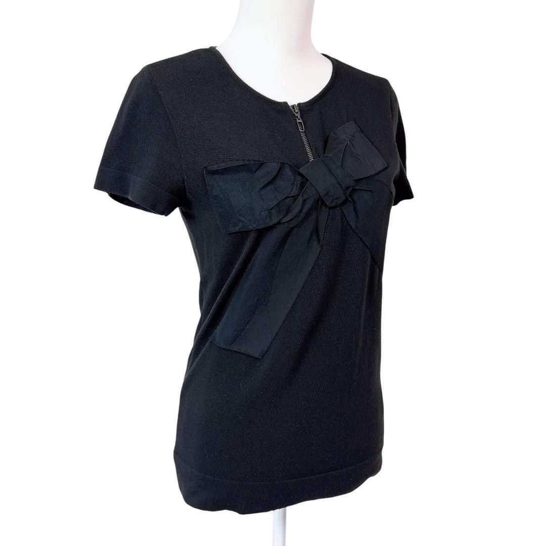 フォクシー 半袖フロントリボンニット ハーフジップ 無地 ブラック