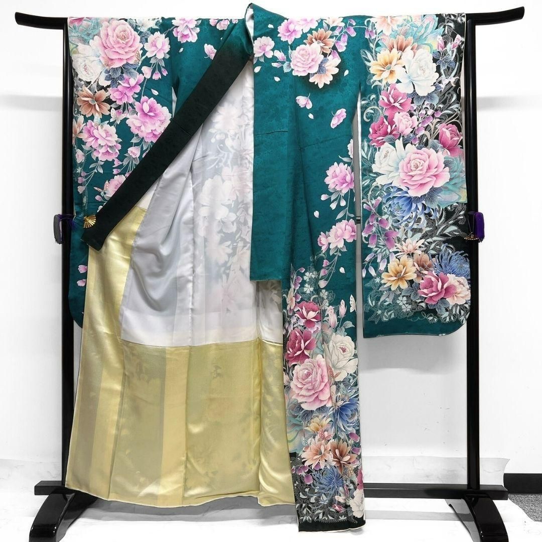 振袖 身丈156.5cm 裄丈62cm S 袷 草野一騎 落款 薔薇 金彩 染分け 黒