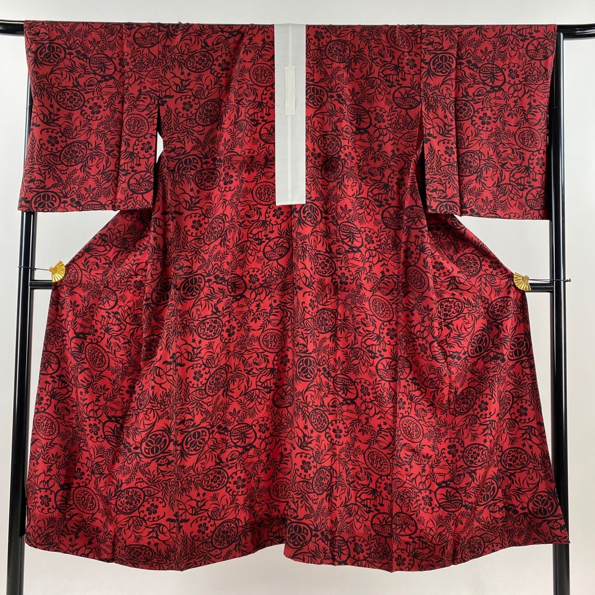 長襦袢 身丈135.5cm 裄丈68cm L 貝合わせ 花鳥 赤黒 正絹 秀品