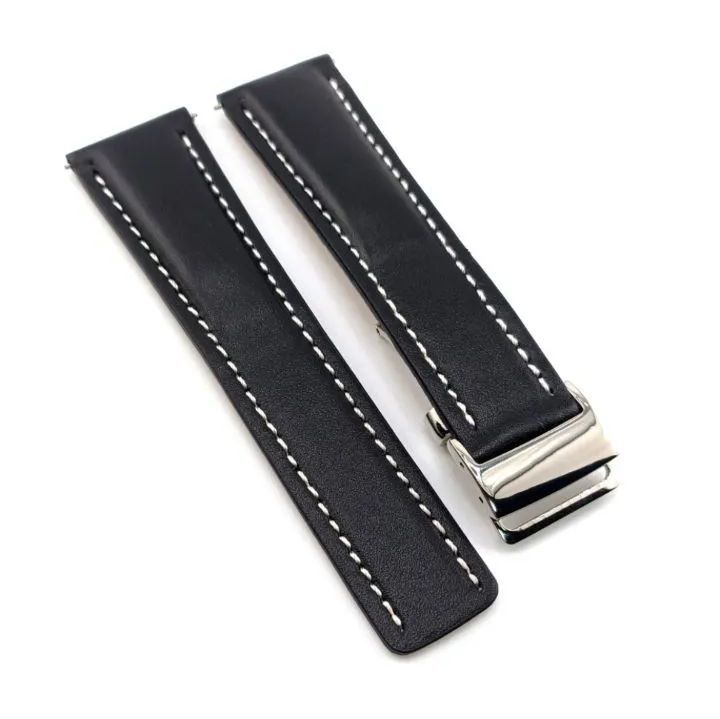 24mm 腕時計 レザー 革ベルト スムースブラック×ホワイトステッチ D