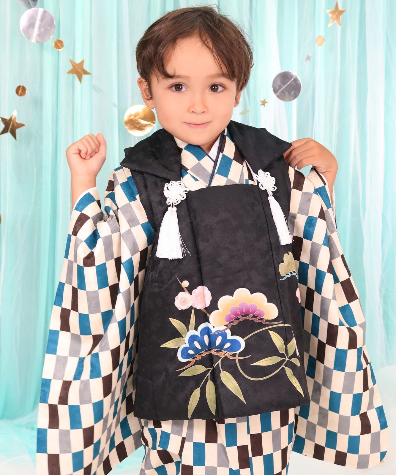 KYOETSU キョウエツ 七五三 3歳 着物 男の子 被布 フルセット しちごさん 3 聡慧の変わり市松 90 100 cm