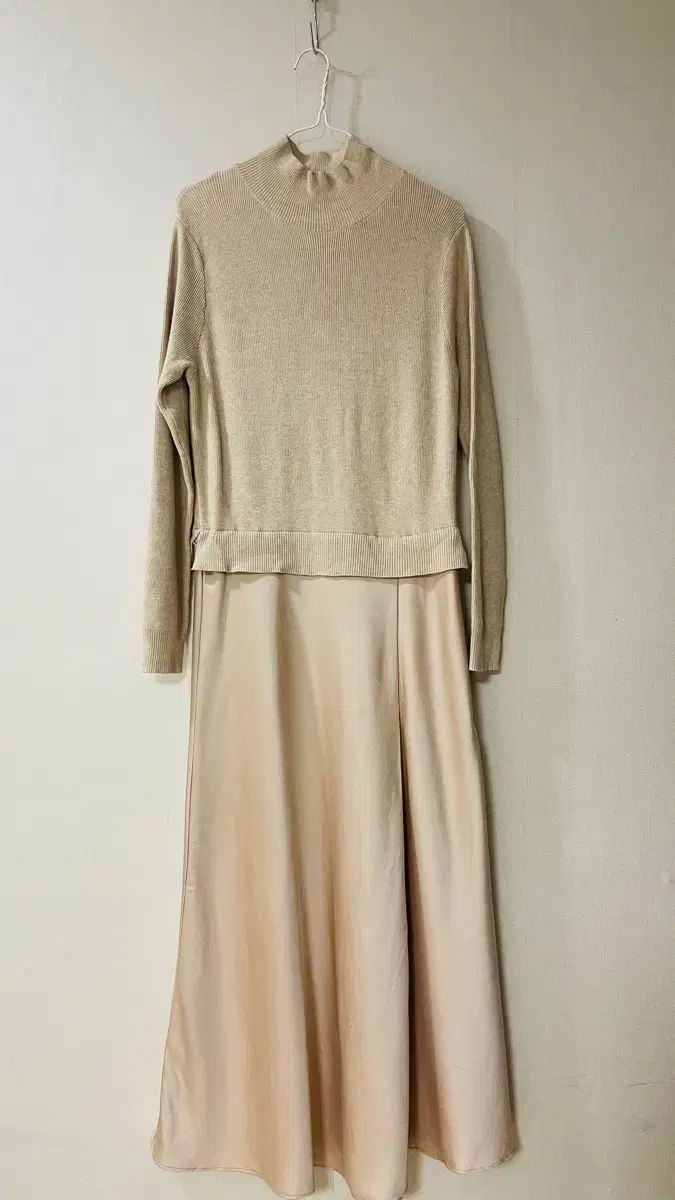 Leshop LeShop ニット トップス サテン スカート バイカラー ロング ワンピース エレガンス