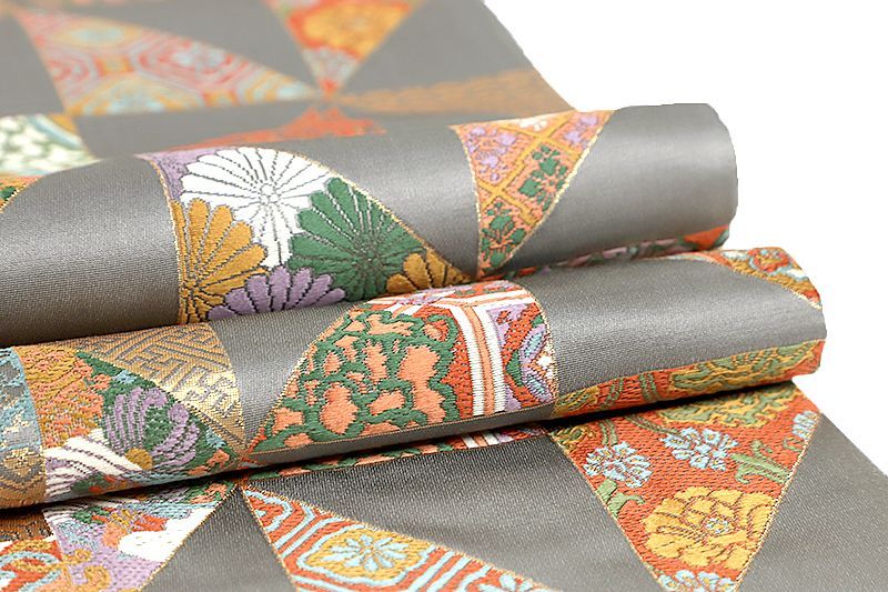 袋帯 正絹 リサイクル 唐織 グレー 灰色 金糸 橙色 水色 紫 緑 白 市松