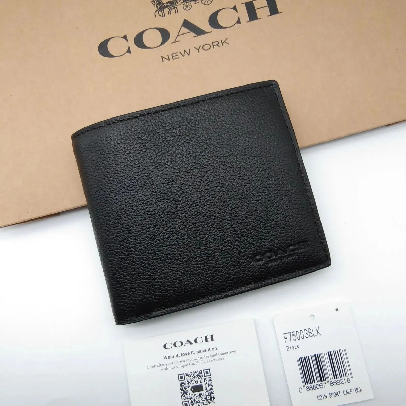 新品　COACH　コインウォレット　折り財布　ペプルレザー　ブラック　メンズ