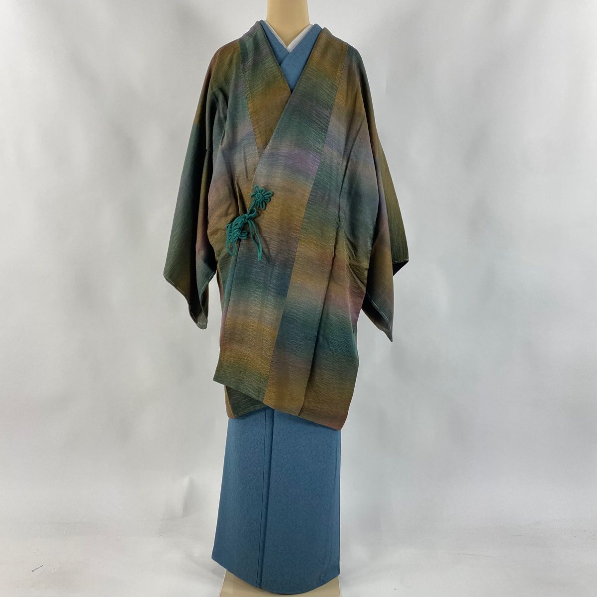 道中着 身丈98.5cm 裄丈68.5cm L 和装コート 地紋 ぼかし柄 茶緑色 正絹 秀品