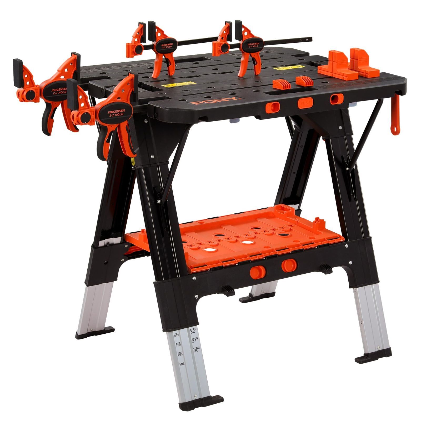 商品 高さ調節 ソーホース耐荷重450kg 作業台耐荷重225kg 工具 Fクランプ4個 DIY 折りたたみ式 クランプドッグ4個 2in1 ソーホース 安全ストラップ2本付き 作業台 PONY