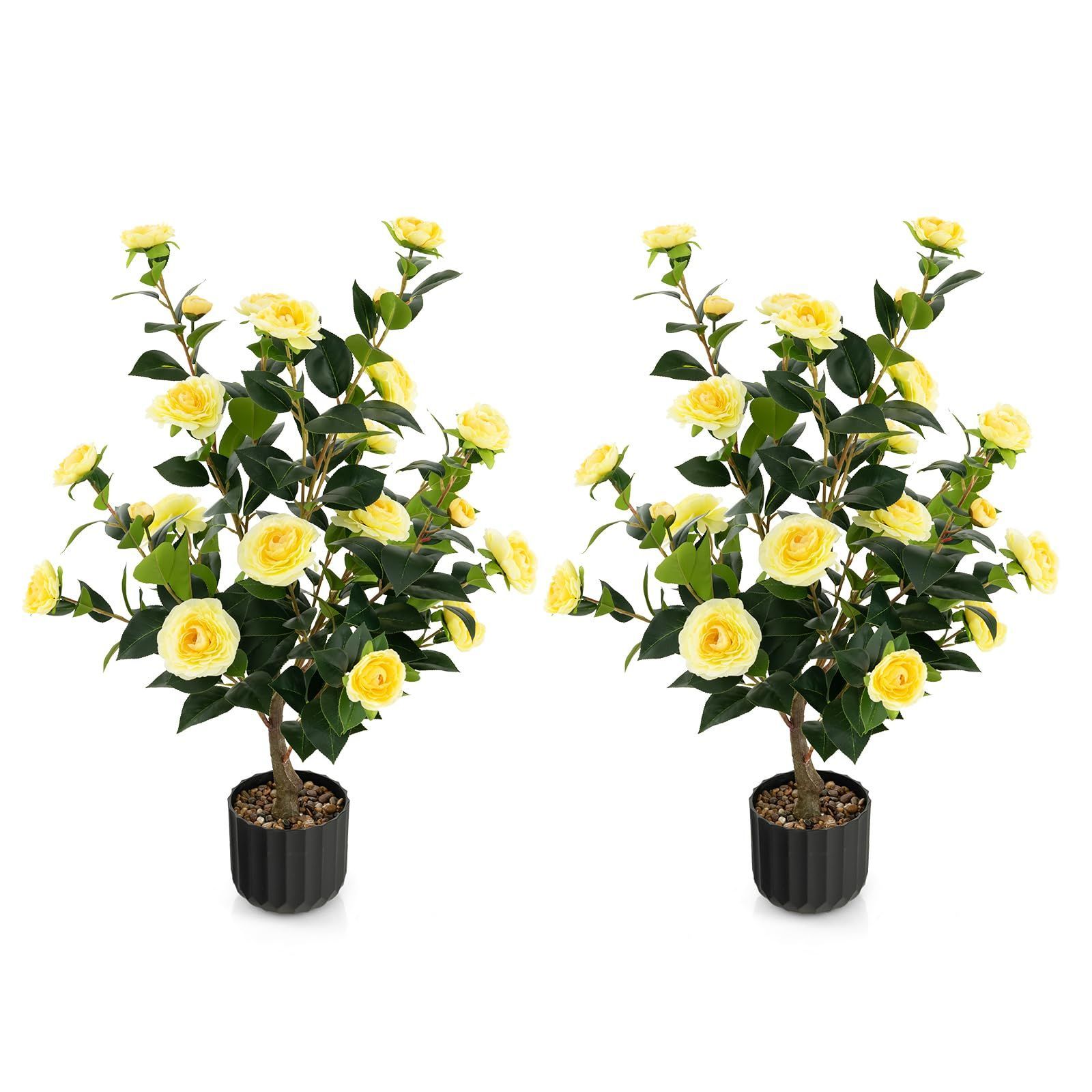 ツバキ2本-イエロー TANGKULA 人工 観葉植物 95cm 2本 フェイク 大型 造花 ツバキ フェイクグリーン インテリア 室内 屋外 フェイク植物 人工観葉植物 水やり不要 枯れない 盆栽植物 (ツバキ2本-イ