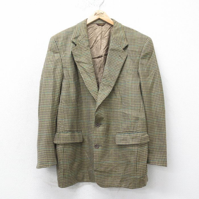 M/古着 長袖 テーラード ジャケット メンズ 90s 千鳥格子 ウール 緑他 グリーン チェック 25feb04 中古 アウター