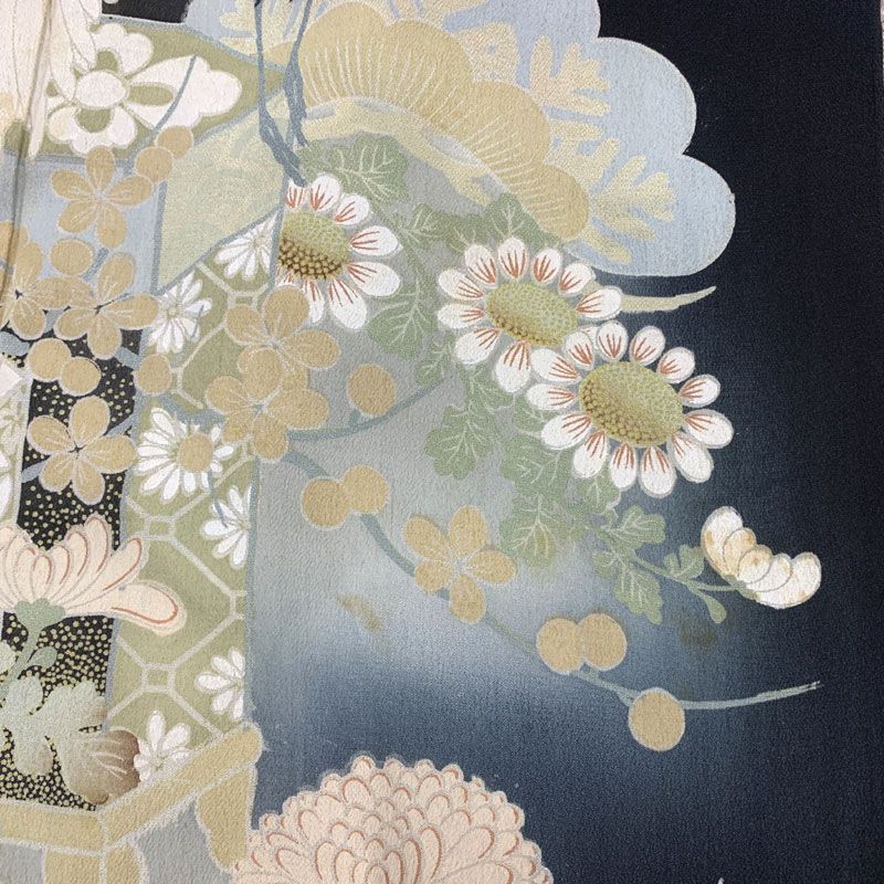 410aa10◇Kimono アンティーク着物 両褄 江戸褄 黒留袖 鶴