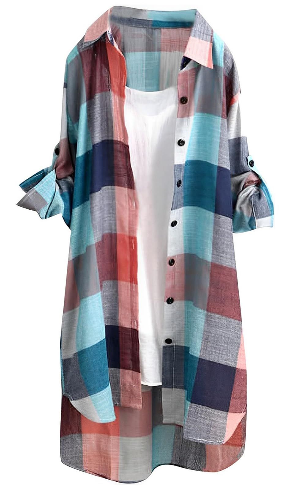 秋 春 ゆったり 長袖 レディース ロールアップ シャツワンピース 柄 チェック M~2XL ロング シャツ セカンドルーツ