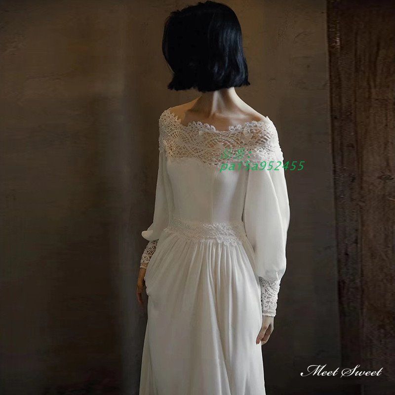 ウェディングドレス ロングドレス スレンダーライン オフショルダー 長袖 二次会 サテン 前撮り 結婚式 ブライダル ウエディングドレス 花嫁 挙式 pai5a952455