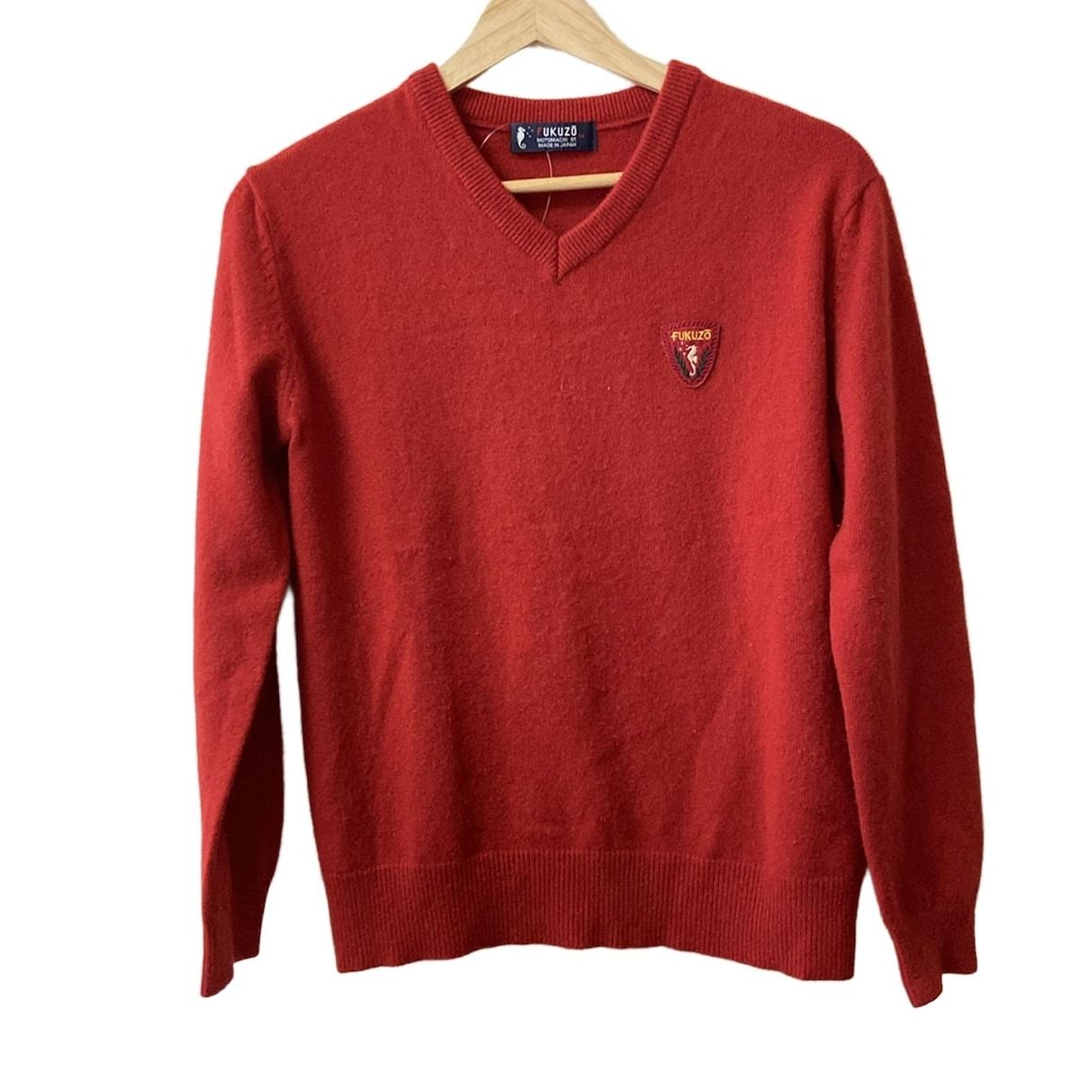 FUKUZO フクゾー 長袖セーター サイズM レディース - レッド×イエロー×マルチ Vネック ワッペン