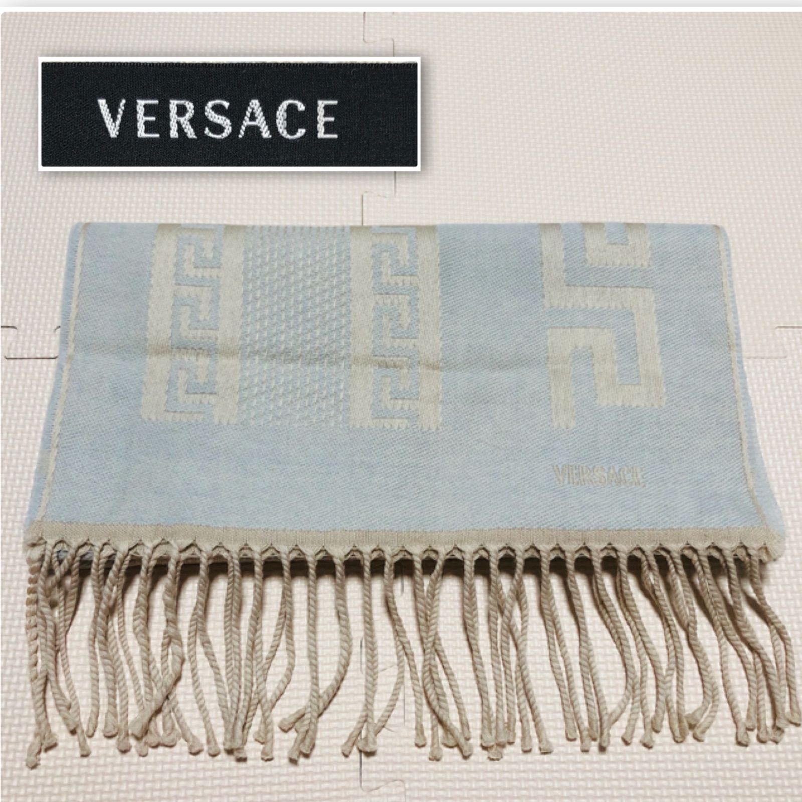 □美品□VERSACE ヴェルサーチ ウールマフラー ギリシア雷文 ロゴ 