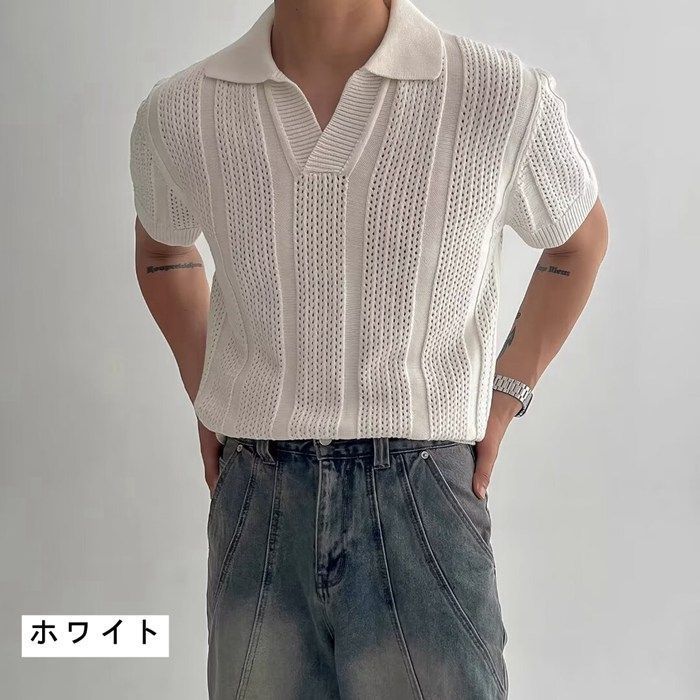 ポロシャツ メンズ サマーニット 透かし編み ゴルフウェア 40代
