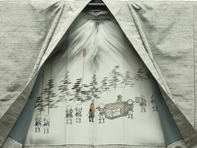 平和屋着物○男性 紬 アンサンブル 霞文 白鼠色 正絹 逸品 未使用