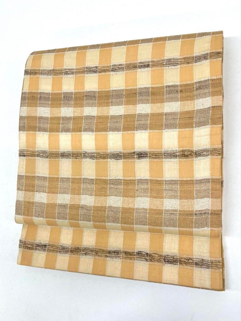 野蚕糸 ムガシルク 全通 洒落袋帯 格子柄 Q1114