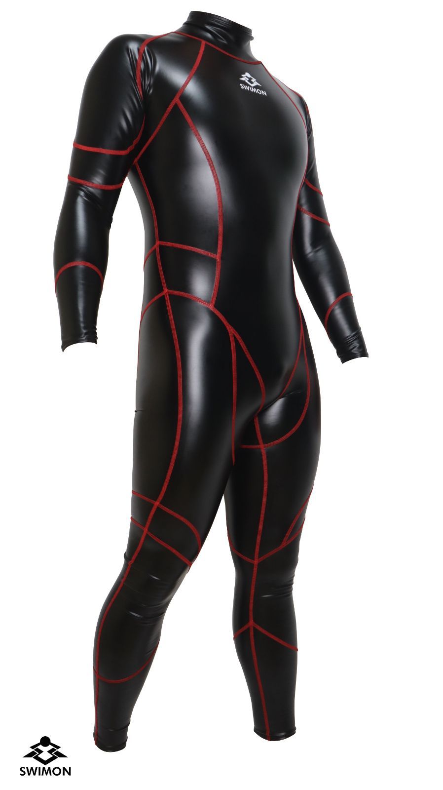 SWIMON コスチューム水着 フルボディータイプ エナメル調 XS~6XL 光沢PU バックジップ 赤ステッチモデル 男女兼用 ユニセックス