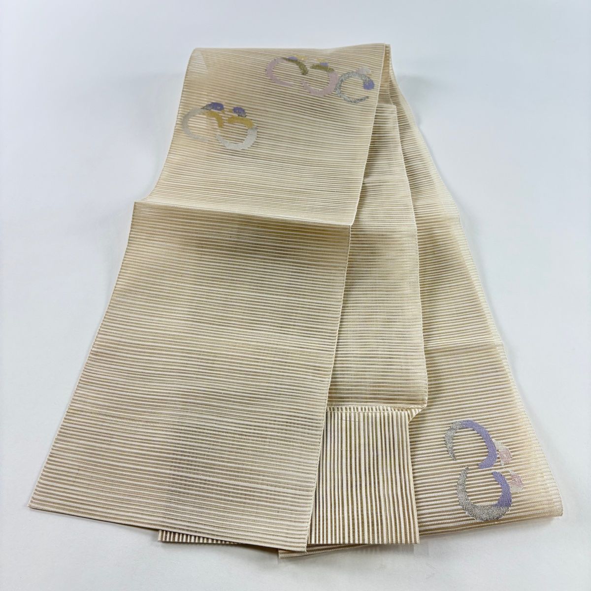 名古屋帯 秀品 夏帯 絽 八寸名古屋帯 松葉仕立て 鳥 金銀糸 クリーム