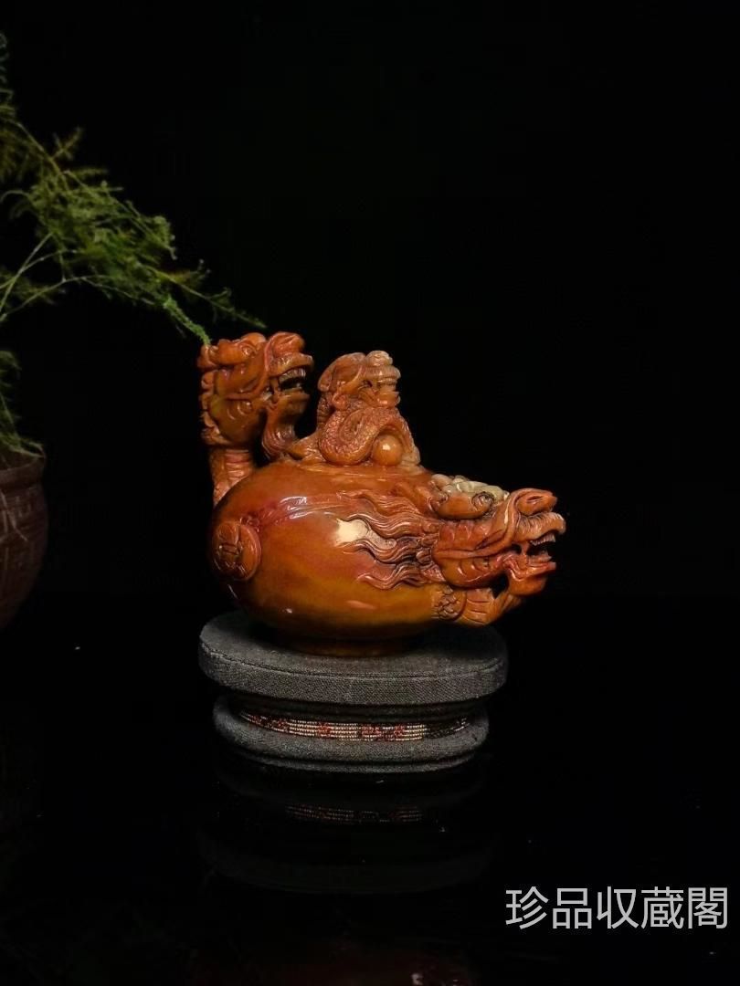 中国古美術・旧蔵壽山石の極品蝋燭紅龍壺・手彫り・田黄石・風水・案頭