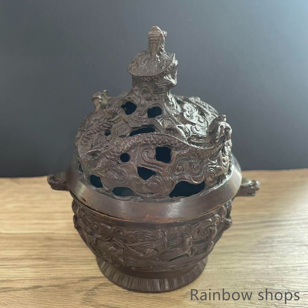 新品未使用】香炉 双獣耳浮彫盤竜薫香炉 香具 仏堂香炉 工芸品