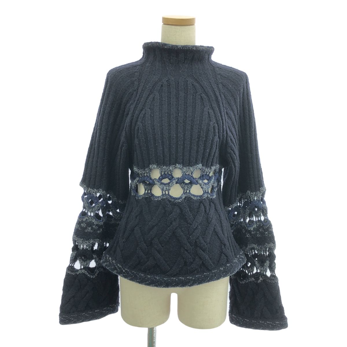 Mame Kurogouchi | マメクロゴウチ | 2025AW | Basket Pattern Combination Knitted Pullover | バスケットパターンニットプルオーバー | 2 | Navy | レディース