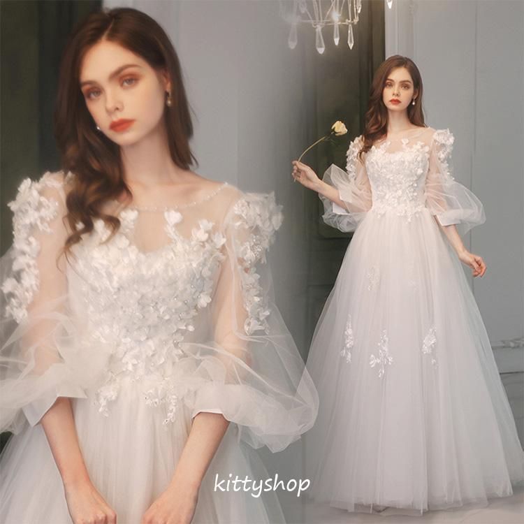 ウェディングドレス 袖あり 5分袖 パフスリーブ 結婚式ドレス Aライン ロングドレス キレイめ チュール 花嫁ドレス 披露宴 海外挙式 ドレス 白