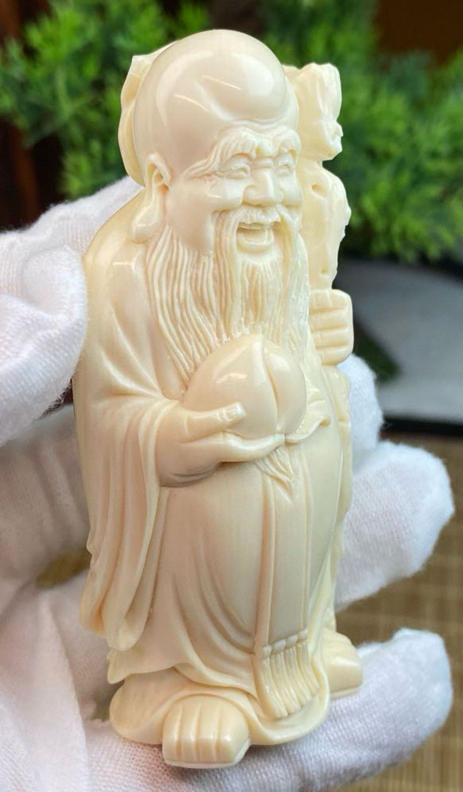 天然マンモス牙美しい手作り彫刻2寿星公置物