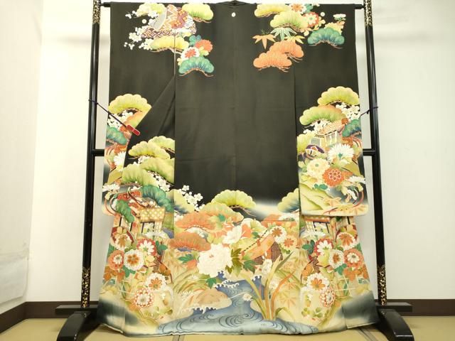 アンティーク 立涌に季節の花々 金駒刺繍 金彩 単衣 正絹 振袖 着物 平和屋着物○アンティーク 大正ロマン 振袖 駒刺繍 立波御所車