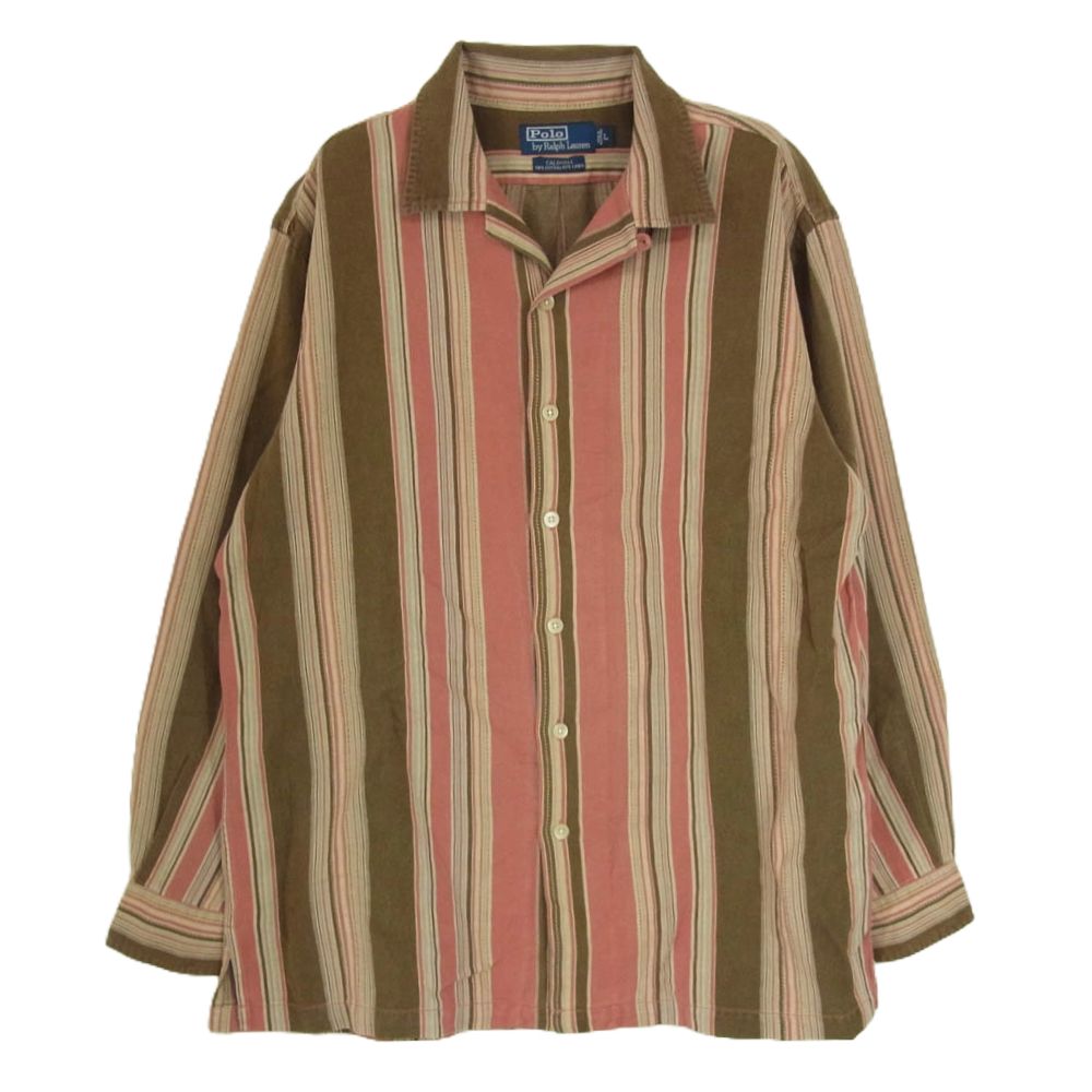 POLO RALPH LAUREN ポロ ラルフローレン 90s コットン リネン オープン 長袖 ストライプ シャツ レッド ブラウン系 L