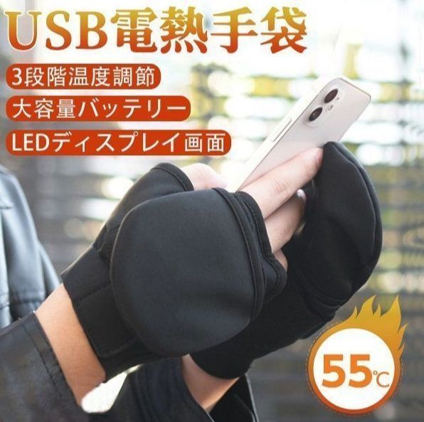 電熱手袋 電熱グローブ 2000mAh LED液晶ディスプレイ 3段階温度調節 USB接続で加熱 カバー付き 指なし 暖房手袋 ヒーターグローブ 男女兼用